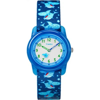 Afbeelding van Timex TIME Machines 29mm Blauw/Geel Streep Elastische Stof Kinderen Horloge, Blauwe haaien, Eén maat, riem