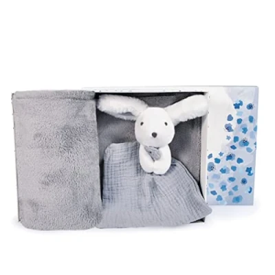 Afbeelding van Doudou et Compagnie Babydeken knuffeldier haas Happy Glossy grijs 100 x 70 cm Knuffel DC3981