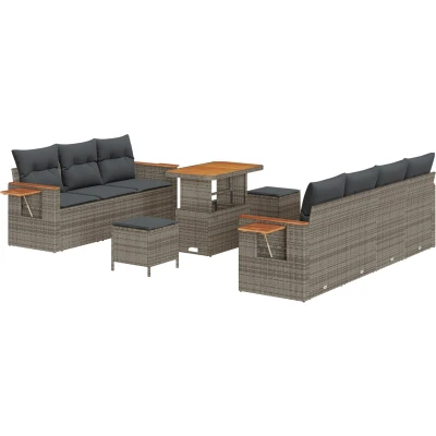 Afbeelding van vidaXL 10 delige Tuin Sofa Set met Kussens Grijs Poly Riet Acacia, 3 Eet Acacia