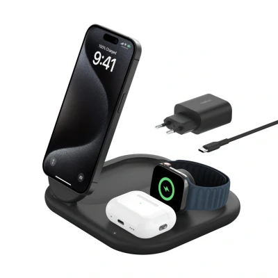 Afbeelding van Belkin MagSafe oplader, BoostCharge 3 in 1 magnetische inklapbare lader met Qi2 15W compatible oplader voor Apple iPhone 15, Watch, AirPods, anti slip voet, voedingsadapter Zwart