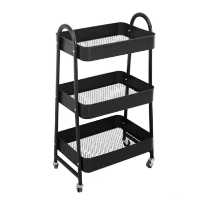 Afbeelding van SVITA Serveerwagen met wielen 3 niveaus metalen keukentrolley klein multifunctionele trolley manden badkamer rek zwart