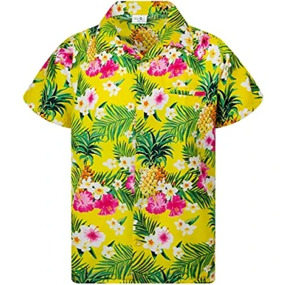 Afbeelding van King Kameha Funky Hawaïhemd voor kinderen, jongens en meisjes, korte mouwen, borstzakje, Hawaii print, uniseks, ananas, bladeren patroon, Kids Pineapple Flowers Geel, 10 Jaar