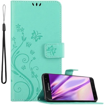 Afbeelding van Cadorabo Hoesje geschikt voor Samsung Galaxy J7 2018 in BLOEMEN TURKOOIS Beschermhoes bloemmotief met magnetische sluiting, standfunctie en kaartsleuven Book Case Cover Etui