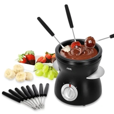 Afbeelding van ADE Elektrische chocoladefondue, 500 ml, met 8 spiesen, 2 temperatuurniveaus om te smelten en warm houden, tempereerapparaat voor chocolade couverdeur, uitneembare teflon gecoate kom