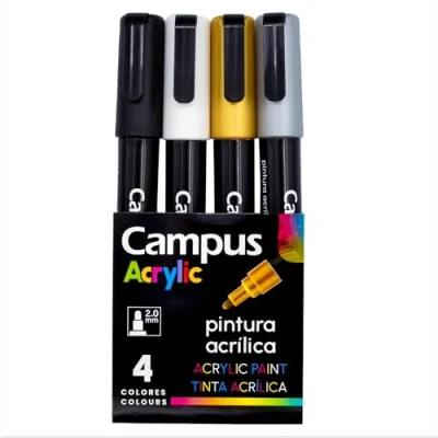 Afbeelding van Campus Acrylstiften, verpakking met 2 mm ronde punt, niet permanente marker op waterbasis, dekkende en sneldrogende acrylstiften (4 metaalkleuren)