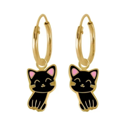 Afbeelding van Oorbellen meisje Zilveren kinderoorbellen Gold plated oorringen met hanger, zwart katje