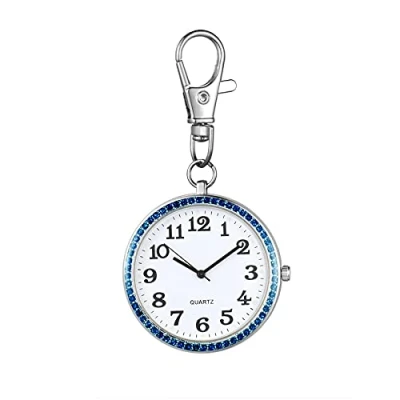 Afbeelding van JewelryWe Sleutelhanger Horloge Strass Quartz Zakhorloge FOB Clip on Riem Nieuwigheid Horloges voor Mannen Vrouwen, Zilver blauw, Klassiek