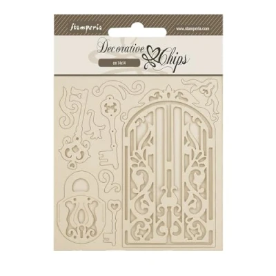 Afbeelding van Stamperia Old Lace Decorative Chips Gate and Key (SCB242)