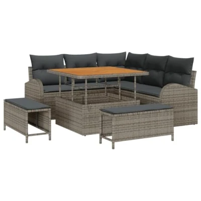 Afbeelding van vidaXL 8 delige Tuin Sofa Set met Kussens Grijs Poly Riet Acacia