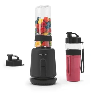 Afbeelding van Petra persoonlijke blender compacte elektrische smoothiemaker, 2 flessen (600 ml), lekbestendige deksels, roestvrijstalen mes, one touch bediening, antislip, 350 WL