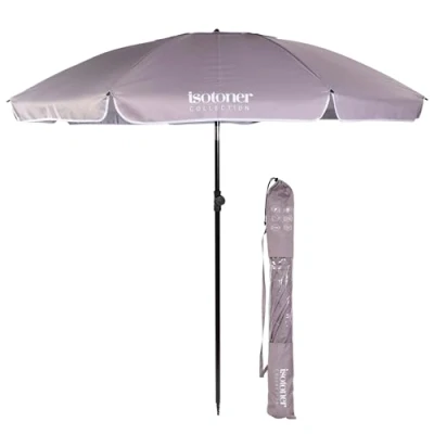 Afbeelding van Isotoner Strandparasol, zeer sterk, bescherming tegen wind en uv, upf 50+, Grijs/Wit, Parasol Rond 180 cm Arc