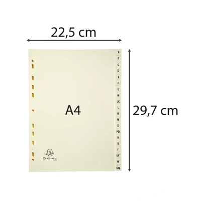 Afbeelding van Exacompta ref. 1120E Ivoorkleurige kartonnen tabbladen 155g/m2 FSC® met 20 alfabetisch bedrukte tabs van A tot Z Formaat A4 Afmetingen: 22,5 x 29,7 cm ivoorkleurig