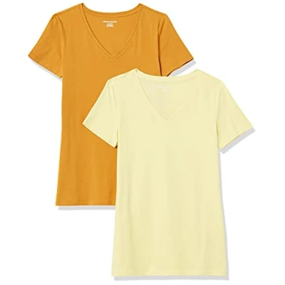 Afbeelding van Amazon Essentials Women&#039;s T shirt met korte mouwen en V hals in klassieke pasvorm, Pack of 2, Goudgeel/Lichtgeel, S