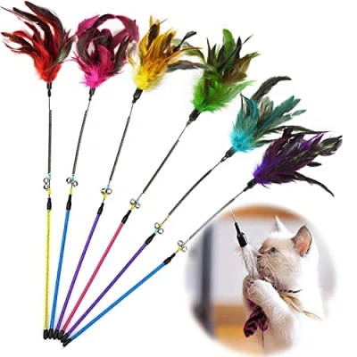 Afbeelding van GingerUPer kattenspeelgoed veer kat speelgoed toverstaf huisdier draad jager staf teaser met bel, voor binnen katten kitten interactieve training (6 stuks)