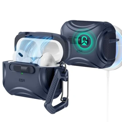 Afbeelding van ESR Cyber Tough voor AirPods Pro 2, compatibel met 2e/1e generatie (2023/2022/2019), MagSafe compatibele hoes, magneetsluiting, valbescherming trekkoord, diepblauw