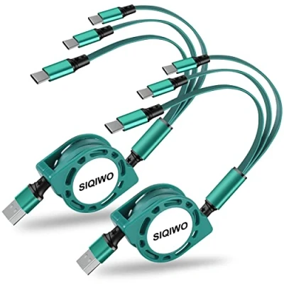 Afbeelding van Siqiwo USB Type C Kabel Snel Opladen [1M 2 Stuks], QC 3.0 Sync Intrekbaar Lader met 3 Connector, voor iPhone 15 Pro, Samsung Galaxy S24 S23 S22 S20 Ultra, LG, Huawei, Sony, Echo Dot, PS5