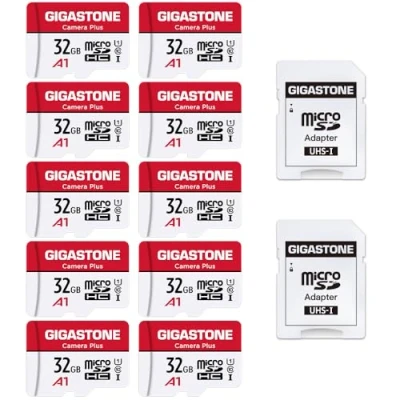 Afbeelding van Gigastone Geheugenkaart 32 GB set van 10 kaarten, camera plus serie, snelheid tot 90 MB/s. Ideaal voor Full HD Video Gopro drone camera, U1 Micro SDHC kaart met mini beschermhoes en SD adapter.