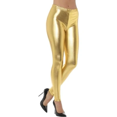 Afbeelding van Smiffy&#039;s Jaren 80 &amp; 90 Kostuum Gouden Metallic Disco Legging Vrouw Goud Medium Carnavalskleding Verkleedkleding
