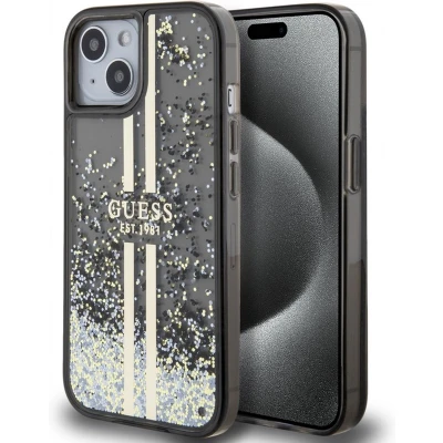 Afbeelding van Guess Liquid Glitter Gold Stripe Back Case Apple iPhone 15 Plus (6.7&quot;) Zwart