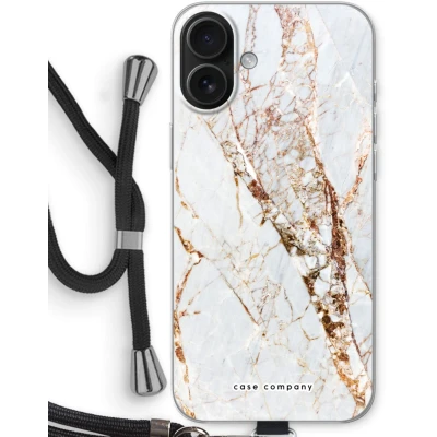 Afbeelding van Case Company® hoesje met Koord geschikt voor iPhone 16 Plus Goud marmer Telefoonhoesje Zwart Bescherming aan alle Kanten en Over de Schermrand