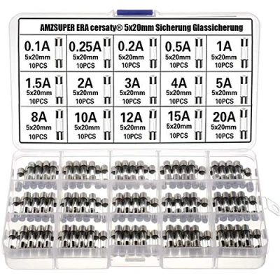 Afbeelding van 5 x 20 mm glaszekering, snelle slag fijne zekeringen assortiment 15 waarde (0,1 A, 0,25 0,2 0,5 1 1,5 2 3 4 8 10 12 A), 150 stuks