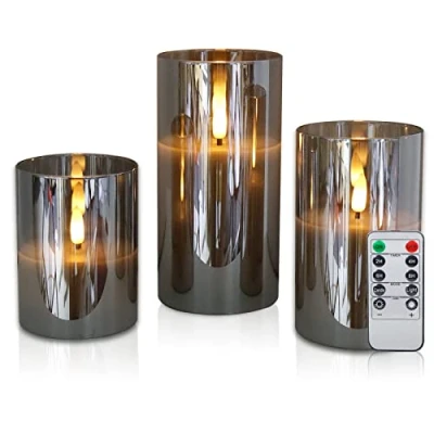 Afbeelding van CCLIFE LED Kaarsen Set van 3 met Afstandsbediening Timer Functie 300 Uur Flikkerende Paraffine Echte Was Kaars Vlamloze Batterij Werkende Glazen Kopje, Color:Set Rokerig grijs glas