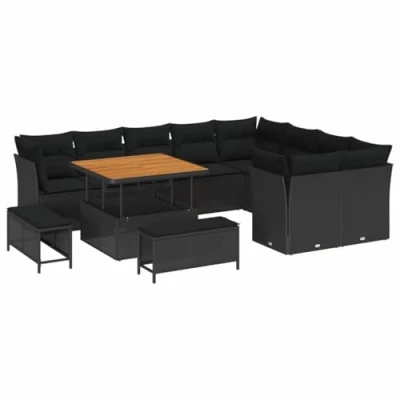 Afbeelding van vidaXL 12 delige Tuin Sofa Set met Kussens Zwart Poly Rattan Acacia, 3 Eet Acacia