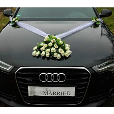Afbeelding van Kanten autoboeket, autoversiering, bruidspaar, rozen, decoratie, huwelijk, auto, bruiloftsdecoratie (ecru 4)