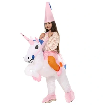 Afbeelding van Opblaasbaar eenhoornkostuum voor kinderen, maat 90 tot 120 cm, kostuum kostuumfeest, van zeer duurzaam polyester, aangenaam om te dragen, inclusief opblaassysteem, OriginalCup®