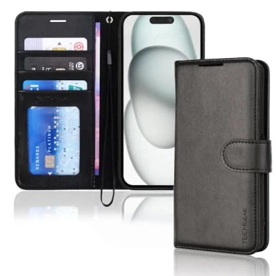 Afbeelding van TECHGEAR iPhone 15 lederen portemonneehoesje, flip beschermhoes met portemonnee kaarthouder, standaard en polsband zwart PU leer magnetische sluiting voor 6,1 inch