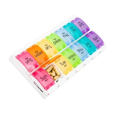 Afbeelding van Cartee Wekelijkse pillenorganizer, eenvoudig 2 keer per dag te openen Medicatiedoos voor op reis met drukknop popopen design vitamines en supplementen (dubbele rij lade)