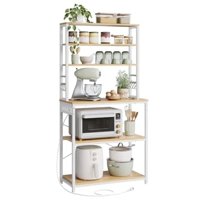 Afbeelding van VASAGLE Keukenplank met stopcontacten, staande plank voor keuken, magnetronplank, staand, 6 planken en haken, magnetron, stalen frame, 40 x 80 167 cm, Golden Oak Cloud White KKS119Y02