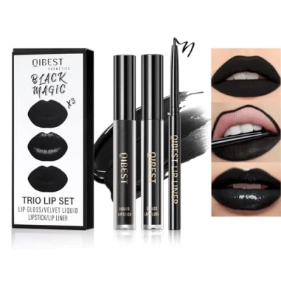 Afbeelding van Baorder 3 stuks zwarte matte lippenstift en vloeibare lippenstift, duurzame lipgloss + glossy lipliner potlood, in 1 make up kit