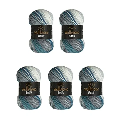 Afbeelding van 5 x 100 g Batik wolbijen 500 gram wol met kleurverloop, meerkleurig, breiwol, haakwol (5950 blauw, turquoise) grijs)