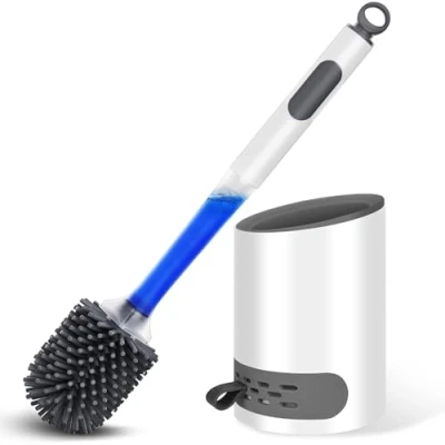 Afbeelding van HIYAA Siliconen, toiletreinigingsborstel met sneldrogende houder en antislip handvat voor badkamer, 1 pak, wit nieuw stuk, normaal