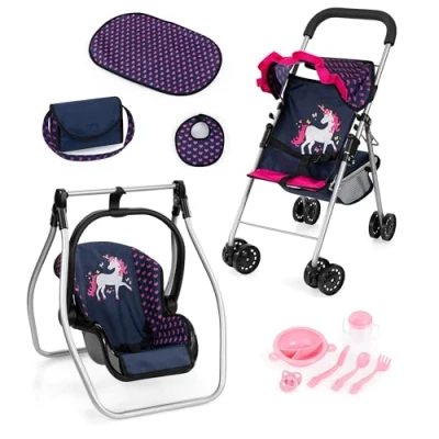 Afbeelding van Bayer Design 21554AB Opvouwbare poppenbuggy, poppenwagen, dubbele wielen, tas, aankleedkussen, wieg, accessoires