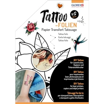 Afbeelding van GLOREX 6 1241 600 tattoo folies, 2 stuks A4 papier, snel en makkelijk om je eigen DIY te maken, voor laserprinters, kopieerapparaten inkjetprinters