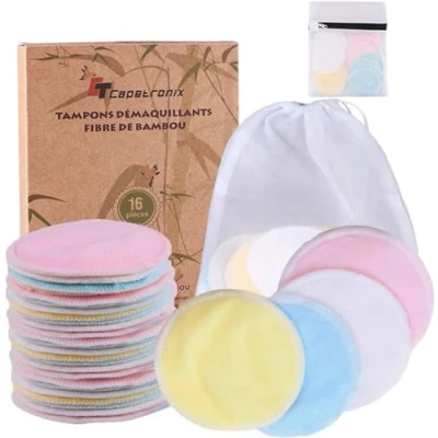 Afbeelding van Bamboevezel make up remover pads 丨 wasbare katoenen illant (16 stuks) + 2 waszak fluweel (voor en achterkant) Wasbaar herbruikbaar Biologisch afbreekbare verpakking