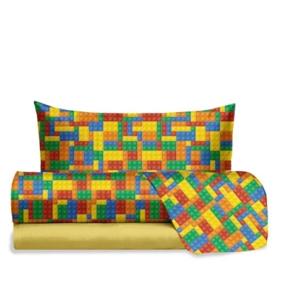 Afbeelding van Hermet Jolly Bricks beddengoedset voor eenpersoonsbed, Lego stenen, 100% katoen, laken + hoeslaken kussensloop, kinderkamer