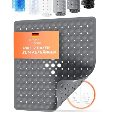 Afbeelding van LICHTENHEIM Douchemat, antislip, gevoelig 53 x cm, inclusief 2 haken, badmat, BPA vrij, schimmelbestendig en wasbaar, antraciet
