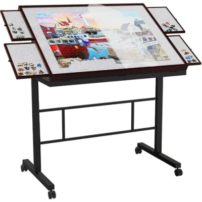 Afbeelding van puzzeltafel 1500 stukjes, verstelbare met vijf naar boven gerichte hoeken en laden, puzzelplank puzzeltafels voor volwassenen
