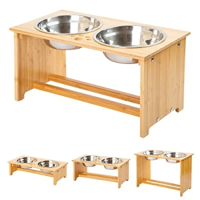 Afbeelding van FOREYY Verhoogde Hond Bowls voor Katten en Honden Bamboe Kat Voedsel Water Stands Feeder Gerechten met 2 RVS Anti Slip Voeten(L)