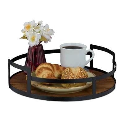 Afbeelding van Relaxdays dienblad industrieel 30,5 cm hout en metaal handgrepen hoge rand