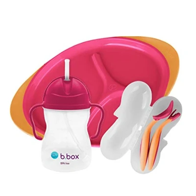 Afbeelding van b.box Voedingsset Siliconen verdeelde plaat Sippy Cup &amp; 2 zachte lepel helpt zelfvoeding Verstelbare Bib gemakkelijk schoon te vegen Strawberry Shake