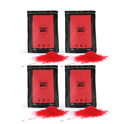 Afbeelding van POLVO Holi Verpakking met 4 poederdoppen à 100 gram (400 g holipoeder) (rood)