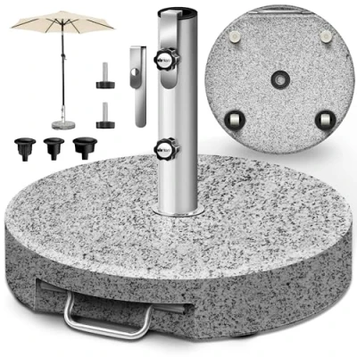 Afbeelding van tillvex® Granit parasolstandaard, rond, 27 kg, met roestvrijstalen buis, parasol voor parasolstokken van 16 48 mm en 300 cm diameter de parasol, balkonparasolstandaard