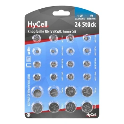 Afbeelding van HyCell 24 x knoopcel spaarset/elk 2 CR2032 CR2025 CR2016 CR1620 LR41 LR43 LR44 LR626 LR621 LR754 LR1120 LR1130 / ideaal voor autosleutel TAN apparaat kinderspeelgoed, horloges enz.