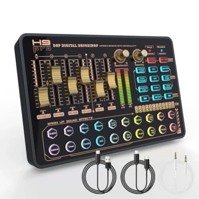 Afbeelding van Todeco DJ mixer met geluidskaart, podcast productiestudio, draagbare audio mixer, bluetooth, controller mengeffecten en spraakwisselaar voor live streaming/pc/opname