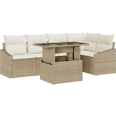 Afbeelding van vidaXL Tuin Sofa Set 6 Stukken Beige Riet Rechthoekig