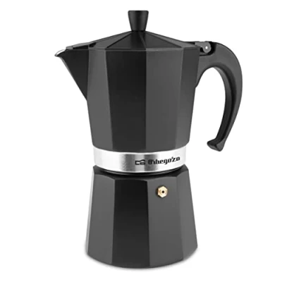 Afbeelding van Orbegozo KFN 910 Italiaans aluminium koffiezetapparaat, 9 kopjes capaciteit, ergonomische handgreep, veiligheidsventiel, afneembaar filter, metaal, zwart/wit